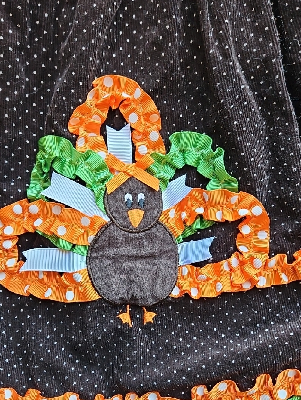 Bonnie Jean Brown Polka Dot Corduroy Dress with Orange & Green Ribbon Turkey 4 - Picture 2 of 7